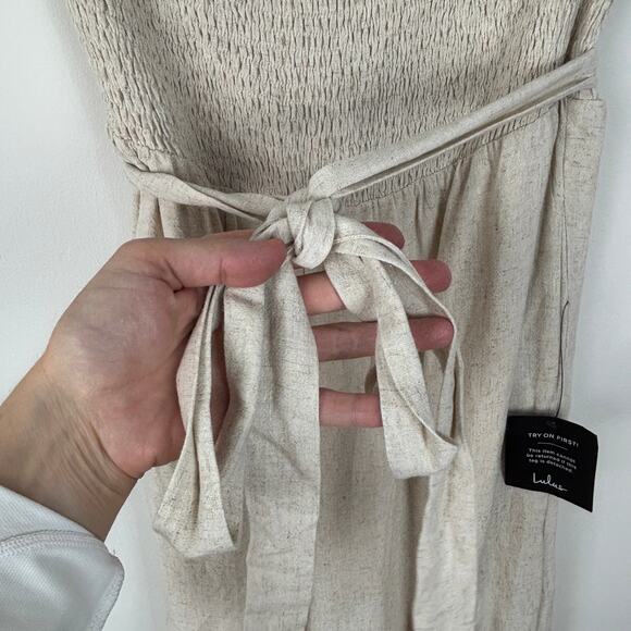 Lulu's NEW Effective Charm Beige Linen Strapless Jumpsuit Large Boho neutrals - Picture 5 of 10
